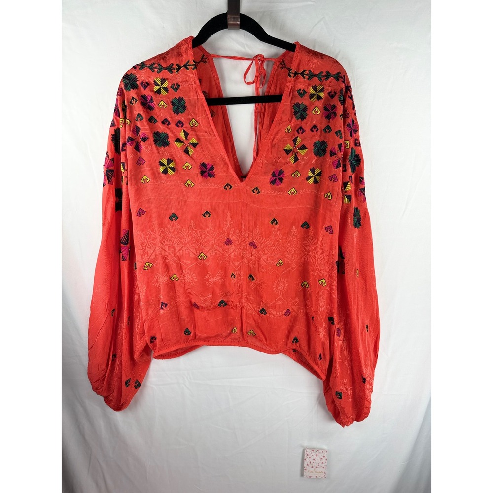 Free People Coral Red Embroidered Boho VNeck Balloon Sleeve Blouse Top Small NWT - Picture 4 of 9